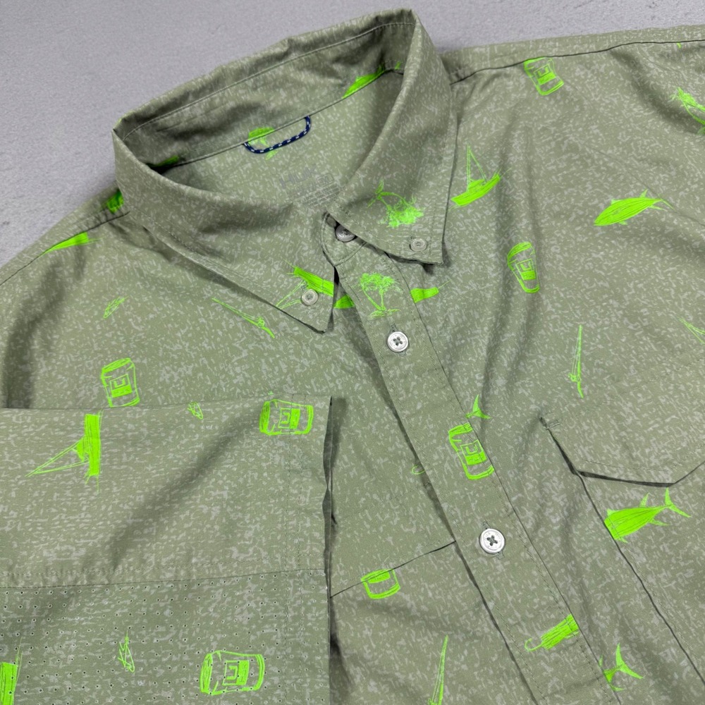 Huk Mens 3XL Short Sleeve Fishing Shirt Olive Green Neon Lime Fish Print Mesh